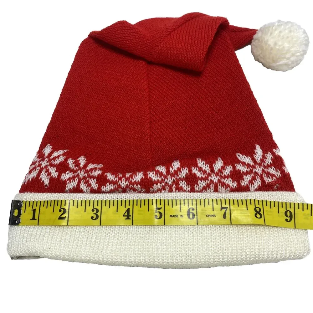 2 VTG NOS‎ Santa Christmas Cap Hat Stocking Red Knit Snowflakes Pom Pom Sweater